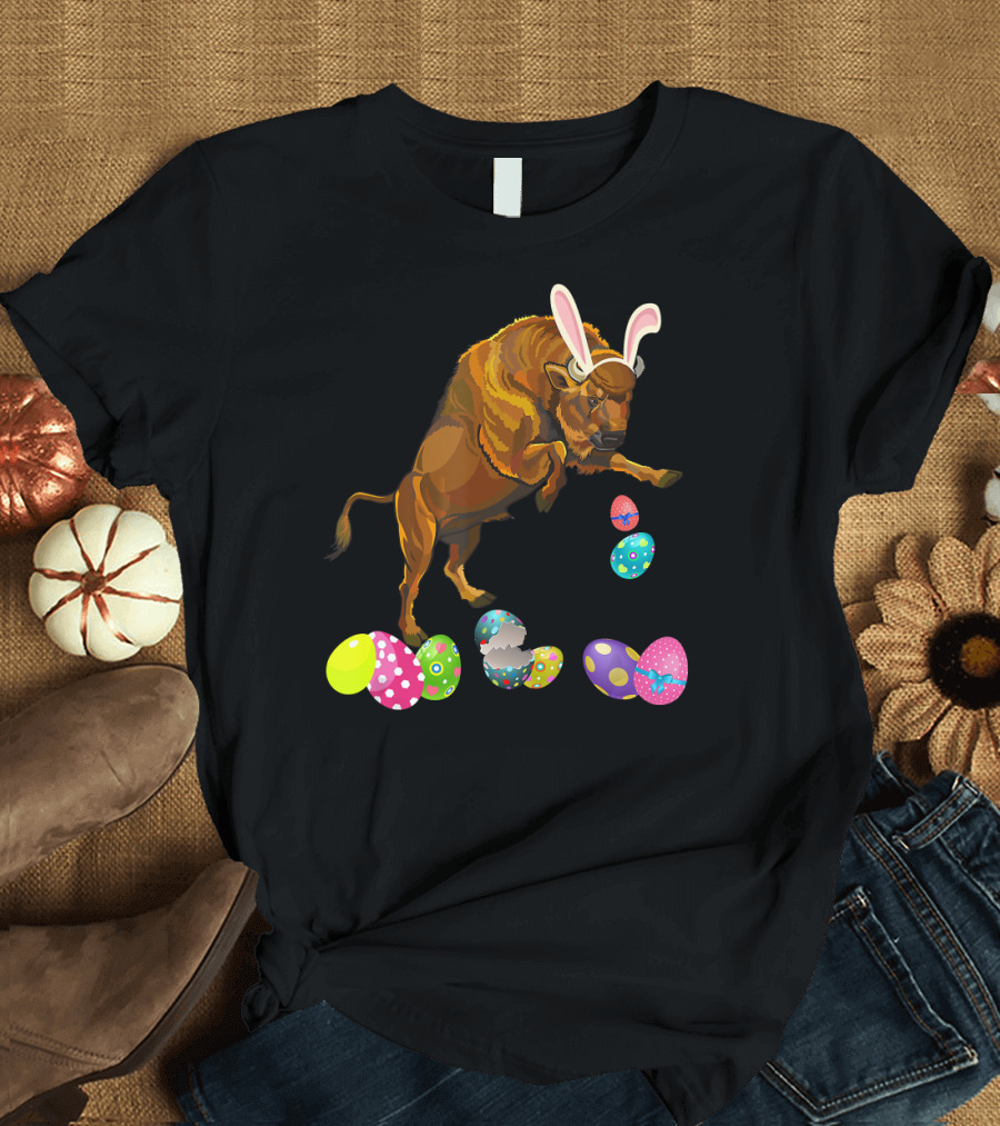 Bison With Bunny Rabbit Hat and Colorful Easter Eggs T-Shirt
