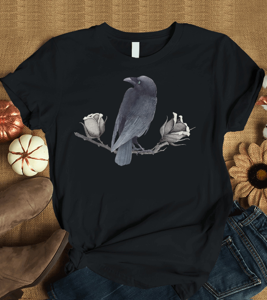 Black Bird Perched on Branch with Pale Flowers T-Shirt