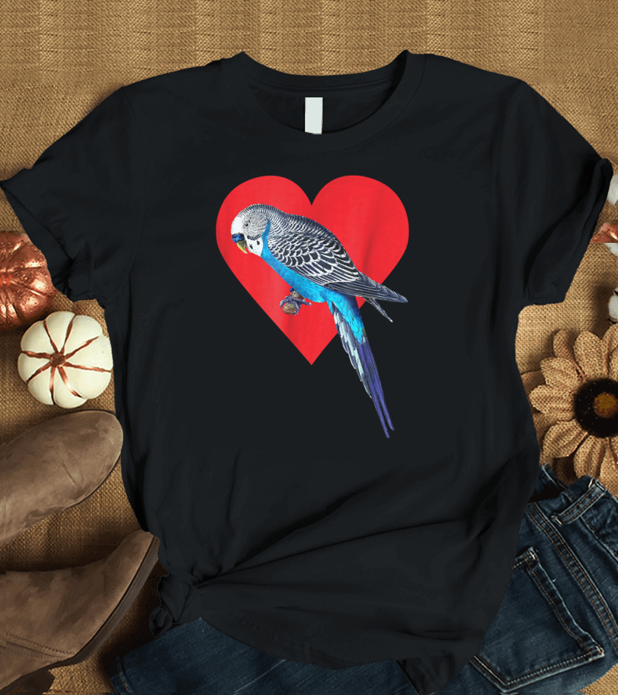 Blue Parakeet on Red Heart for Budgie Bird Lover T-Shirt