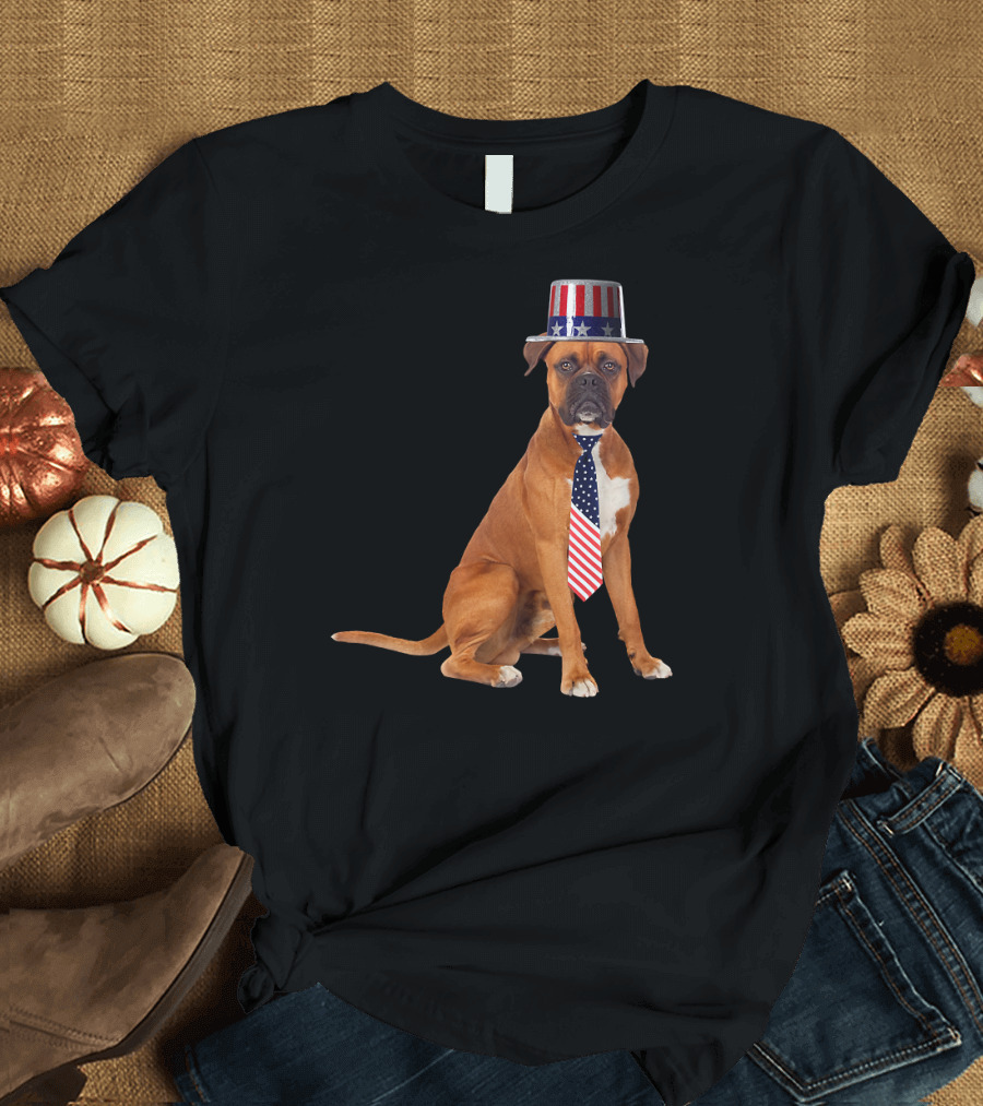 Boxer Dog Wearing Patriotic Stars and Stripes Top Hat and Tie for 4th of July T-Shirt