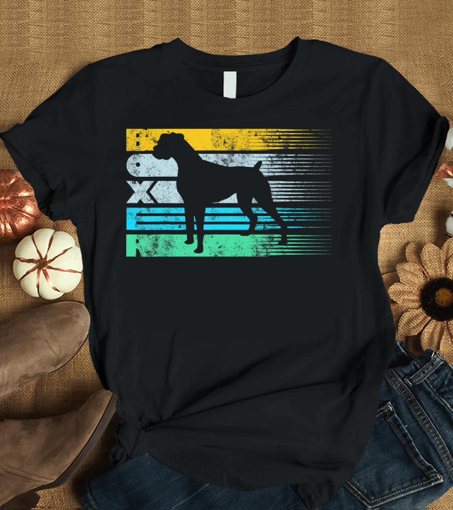 Boxer Vintage Cool Dog Silhouette Retro Stripes T-Shirt