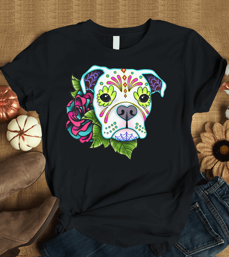 Boxer Sugar Skull Day of the Dead with Roses T-Shirt