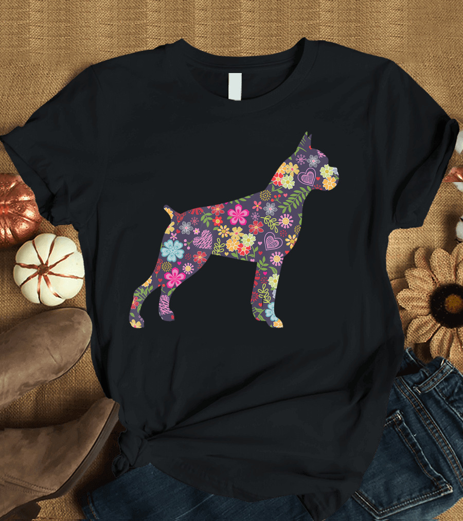Boxer in Multicolored Floral Pattern with Hearts and Flowers T-Shirt