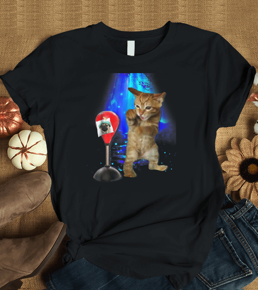Boxing Cat Funny Kitten Punching Pug on Speed Bag T-Shirt