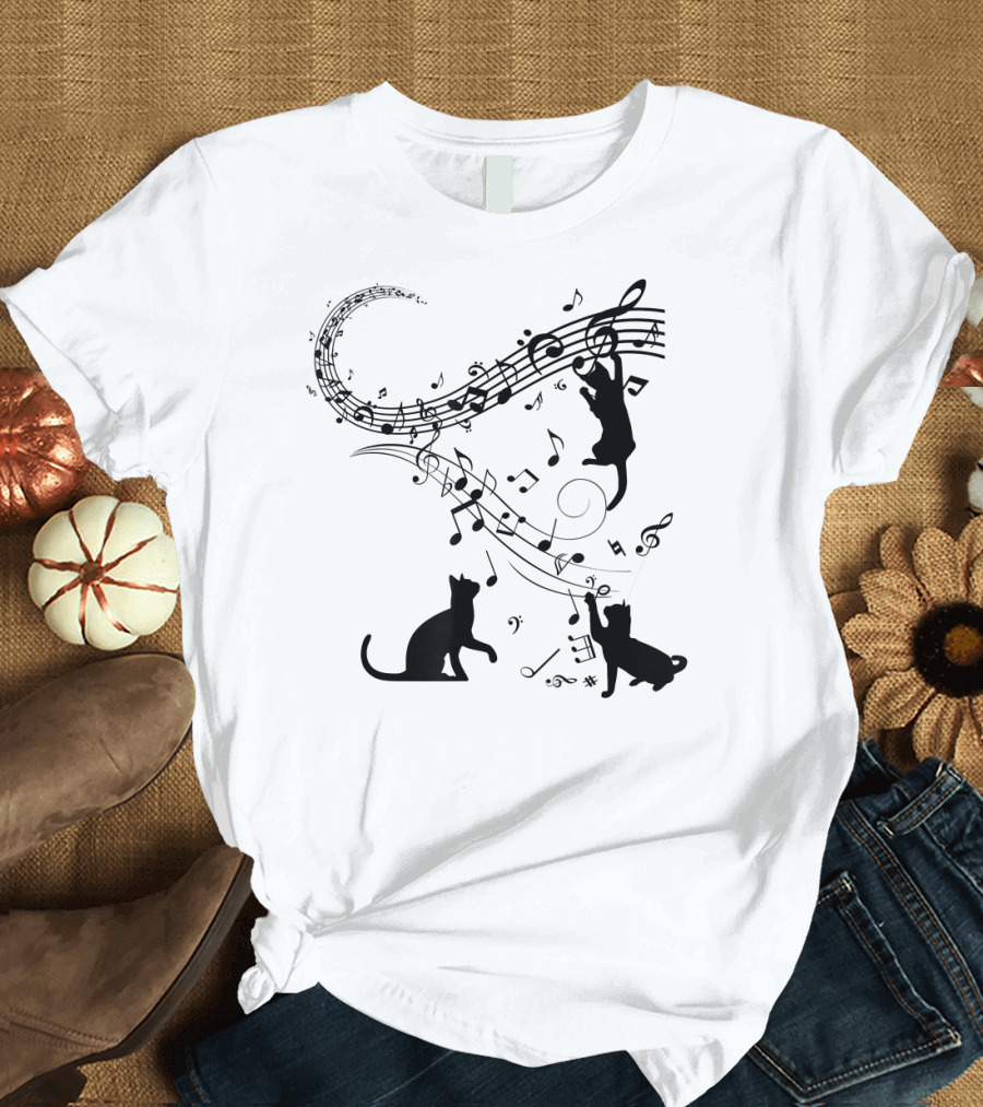 2h NOTE MUSIC Black Cat Musical Notes Climbers T-Shirt