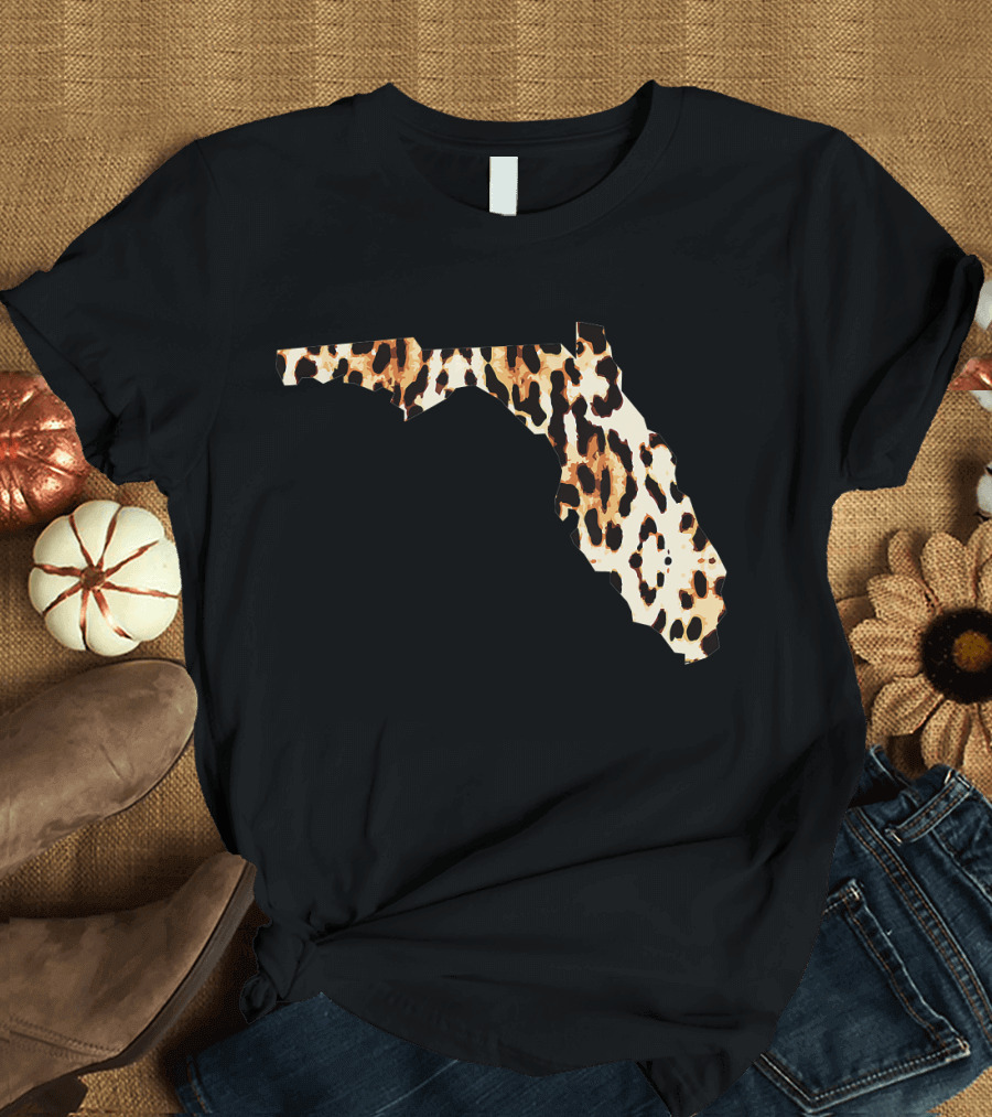 Cool Florida Leopard Cheetah Pattern State Shape T-Shirt