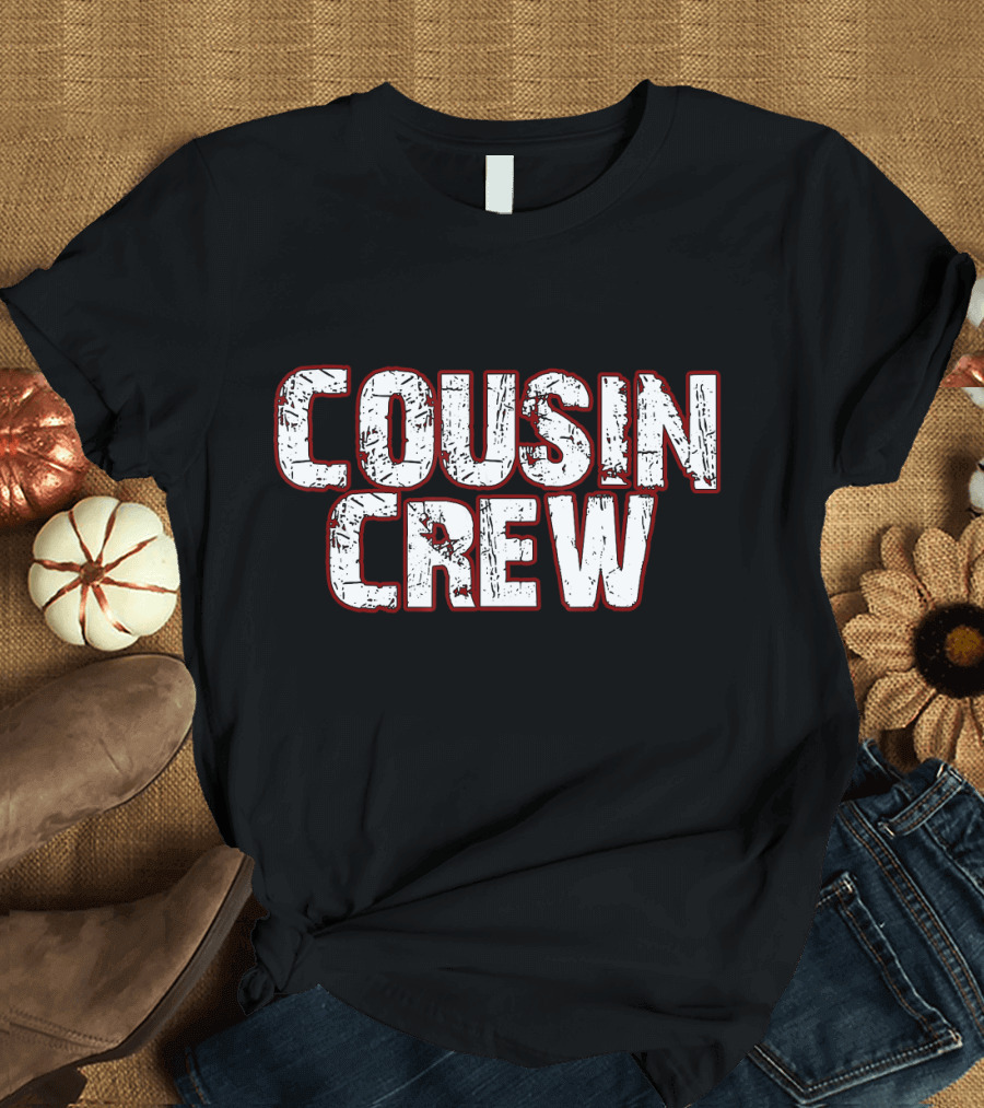 Cousin Crew Distressed Text White Red Outline T-Shirt