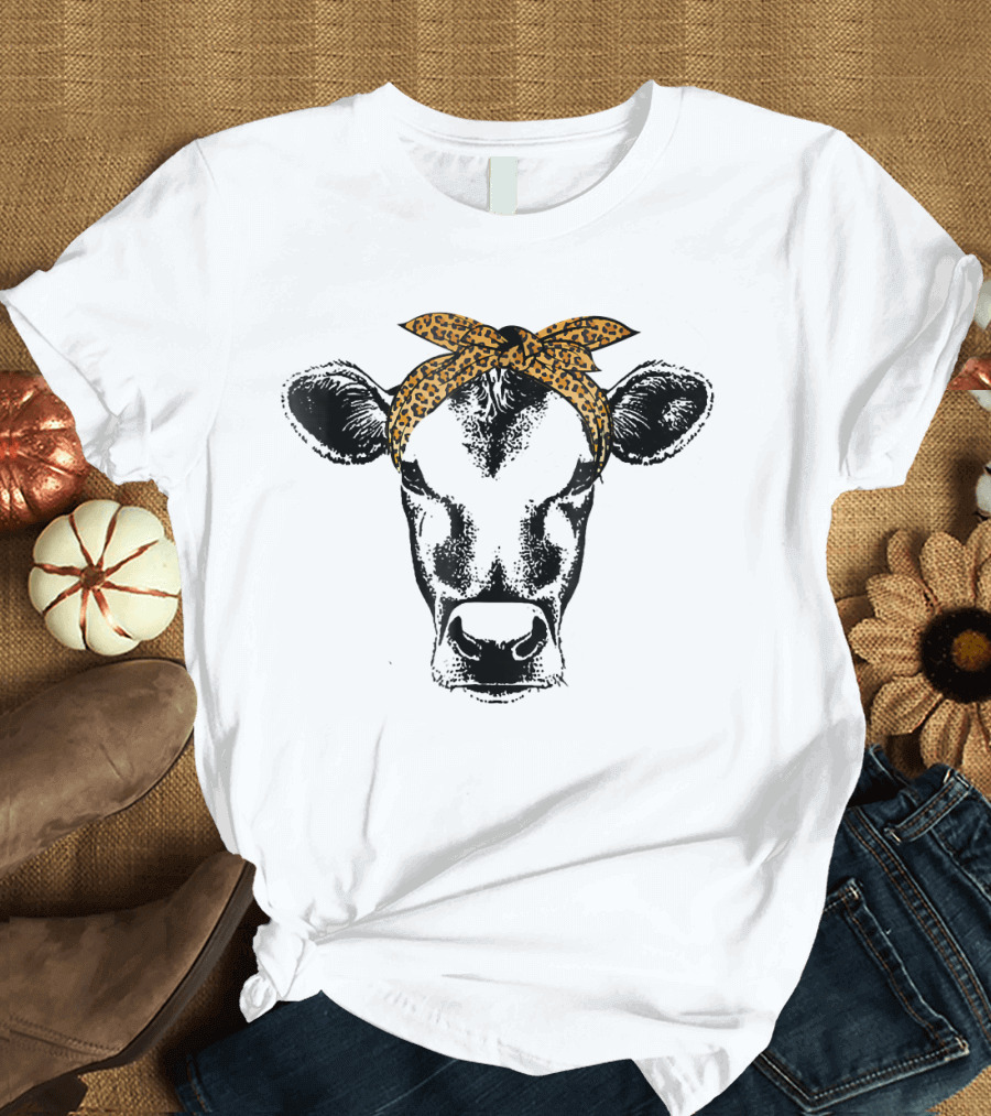 Cow with Leopard Print Bandana Trendy Girl Fashion T-Shirt