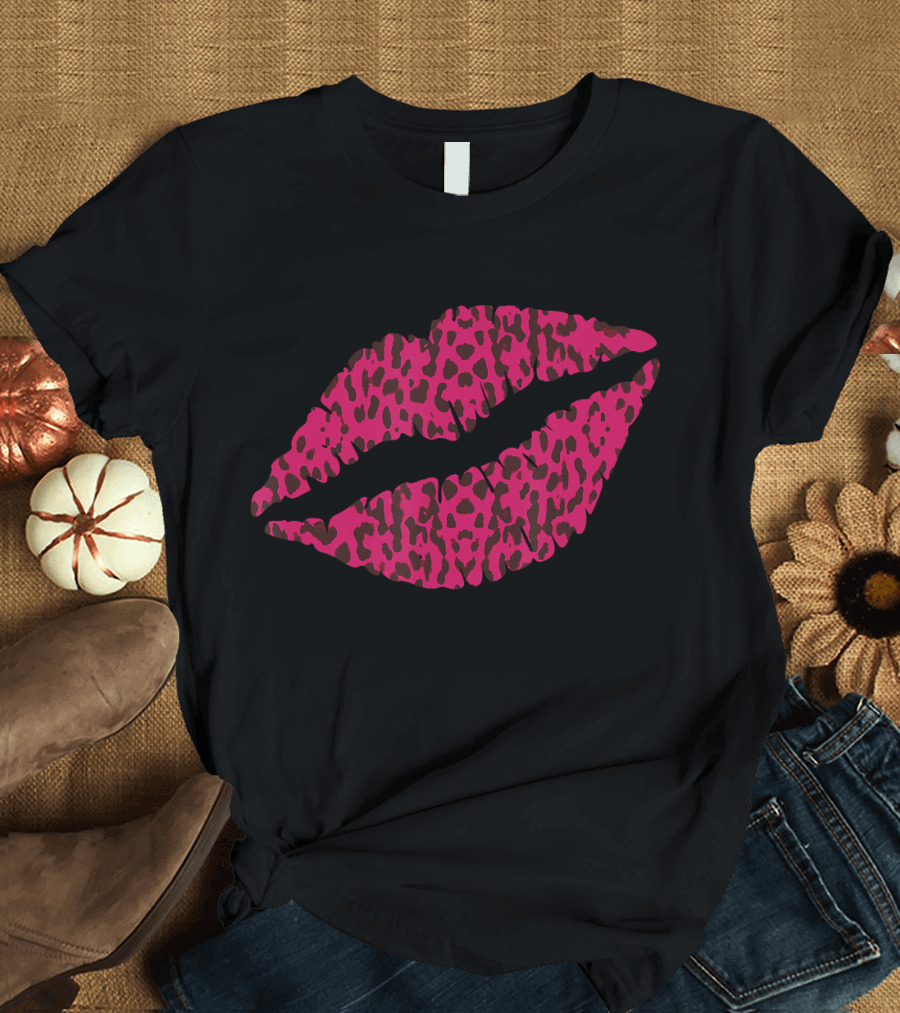 Cute Pink Lips Kiss Me Leopard Cheetah Print T-Shirt