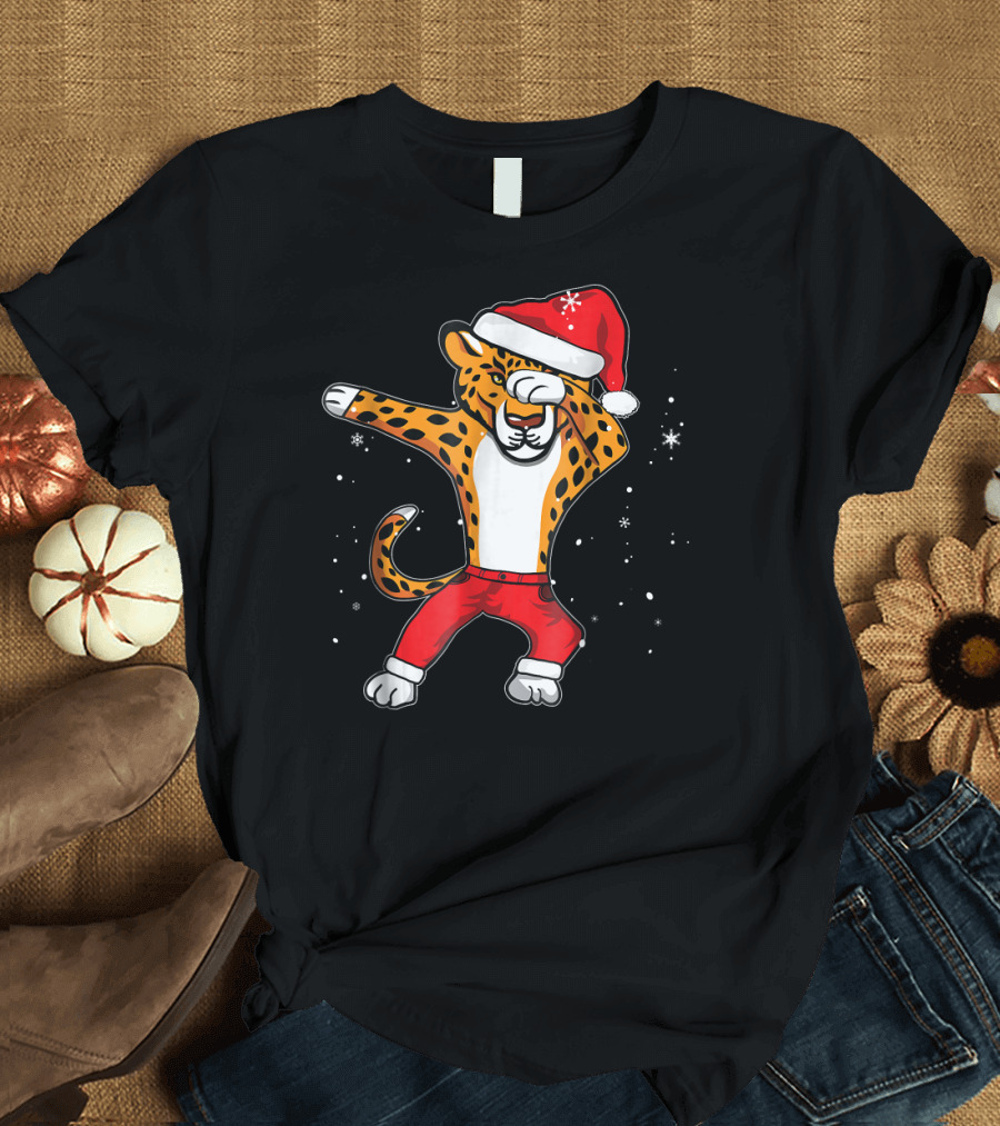 Santa Hat Dabbing Panther Cheetah with Red Pants T-Shirt
