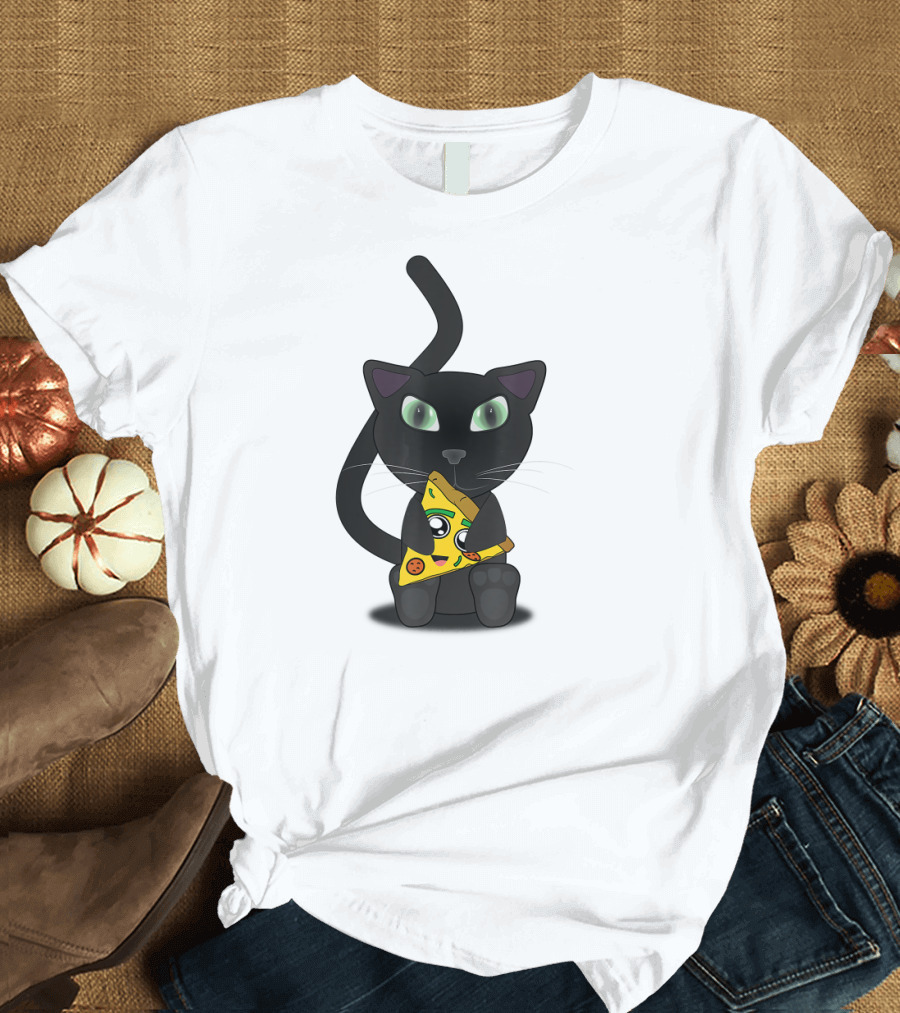 Kitty Cat Lovers Cute Pizza Cat with Green Eyes and Slice T-Shirt
