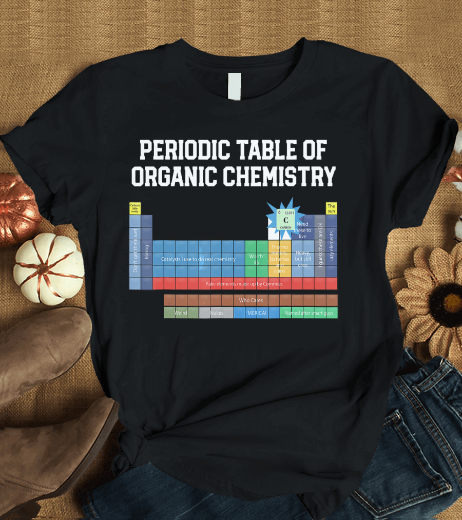 Periodic Table of Organic Chemistry Elemental Humor and Category Labels T-Shirt