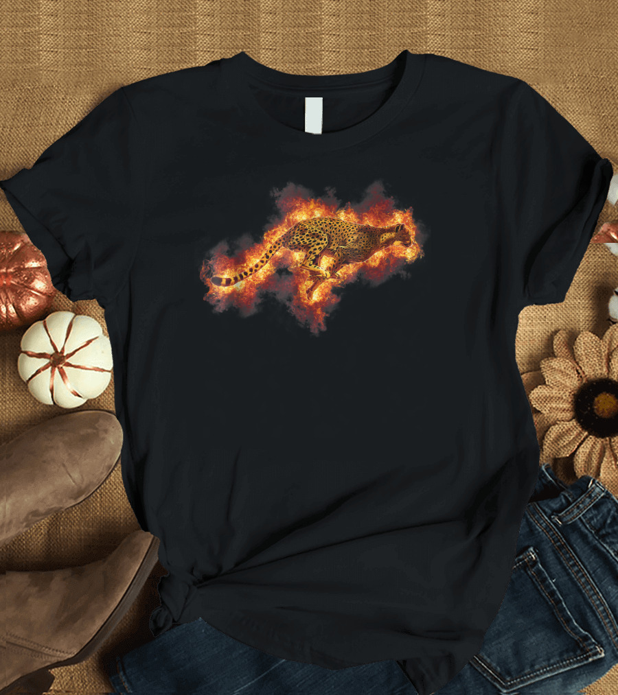 Running Flaming Cheetah Styl on Fire Background T-Shirt