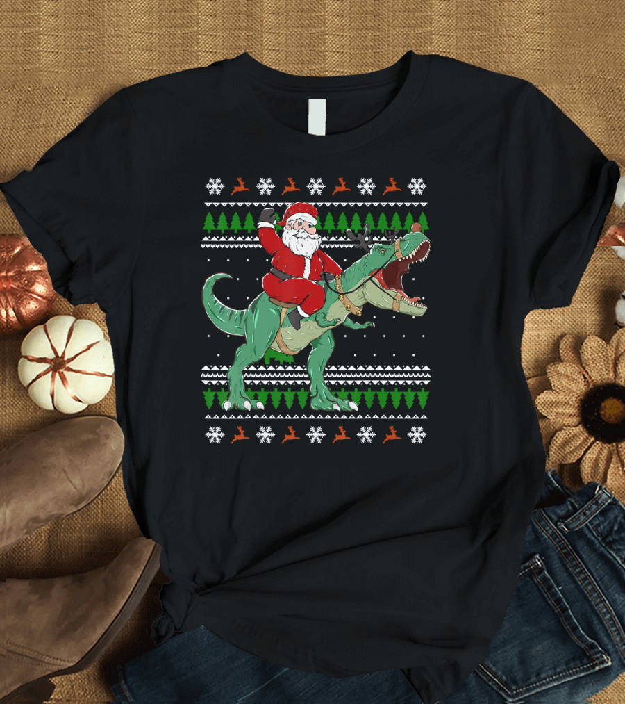 Santa Riding Dino Christmas Ugly T-Shirt