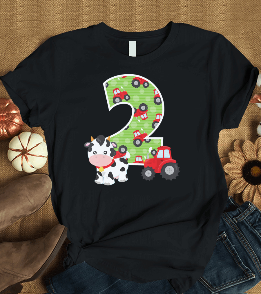 2nd Birthday Number 2 Farm Animals Tractor Cow T-Shirt