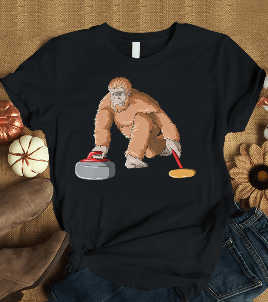 Bigfoot Sasquatch Playing Curling with Stone and Broom T-Shirt