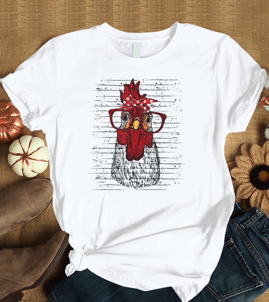 Chicken with Bandana Headband and Glasses Red Rooster Fun T-Shirt