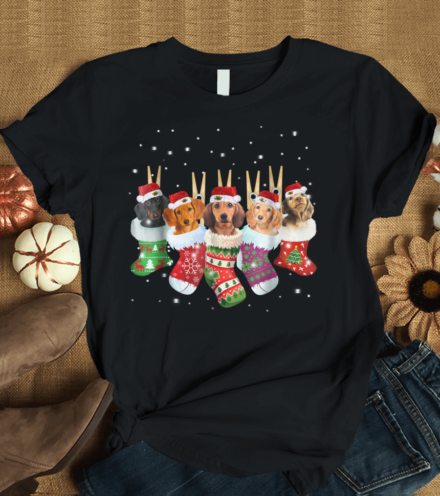 Dachshund Puppies in Christmas Socks with Santa Hats T-Shirt