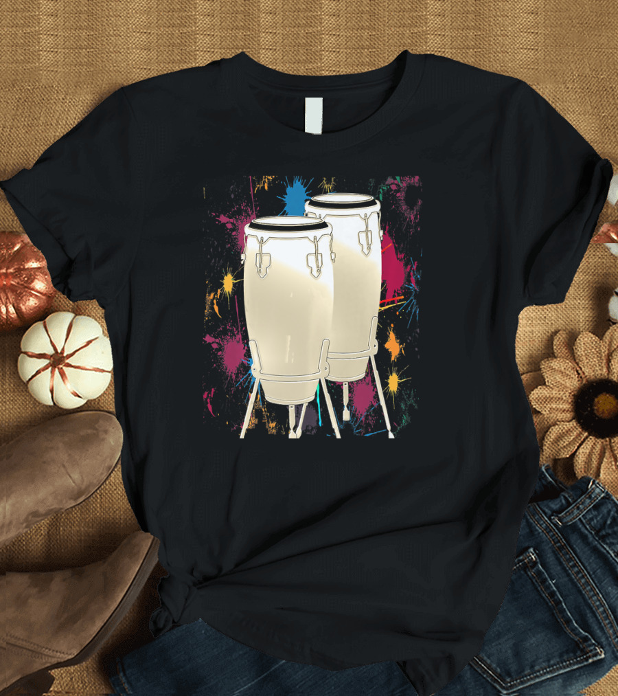Conga Drum Pair with Colorful Splatter Background T-Shirt