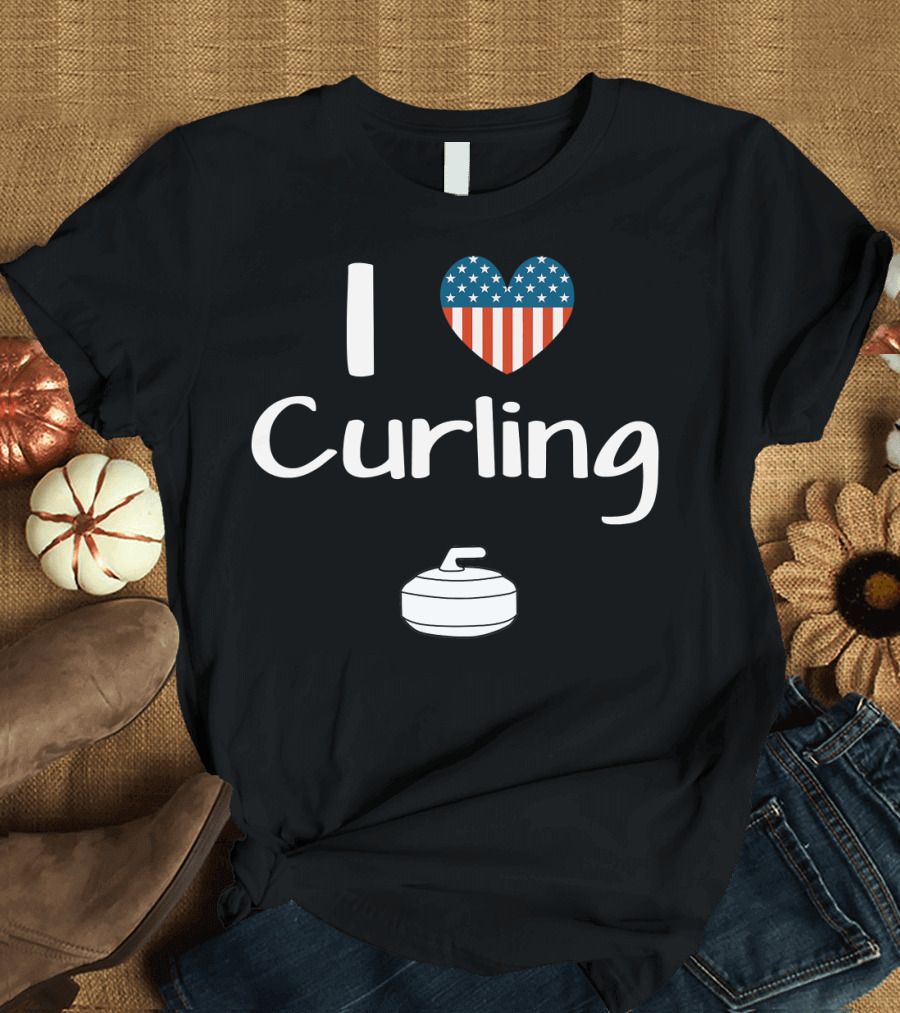 I Love Curling USA Flag Heart Curling Stone T-Shirt