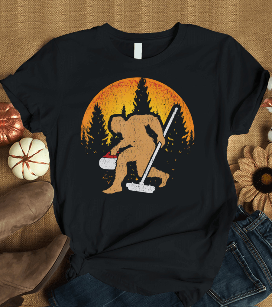 Curling Bigfoot Funny Cute Winter Forest Sunset T-Shirt