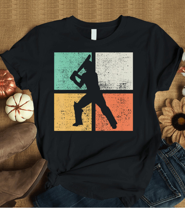 T-Shirt: Cricket Batsman Player Coach Silhouette Color Blocks T-Shirt Cricket Batsman Player Coach Silhouette Color Blocks T-Shirt