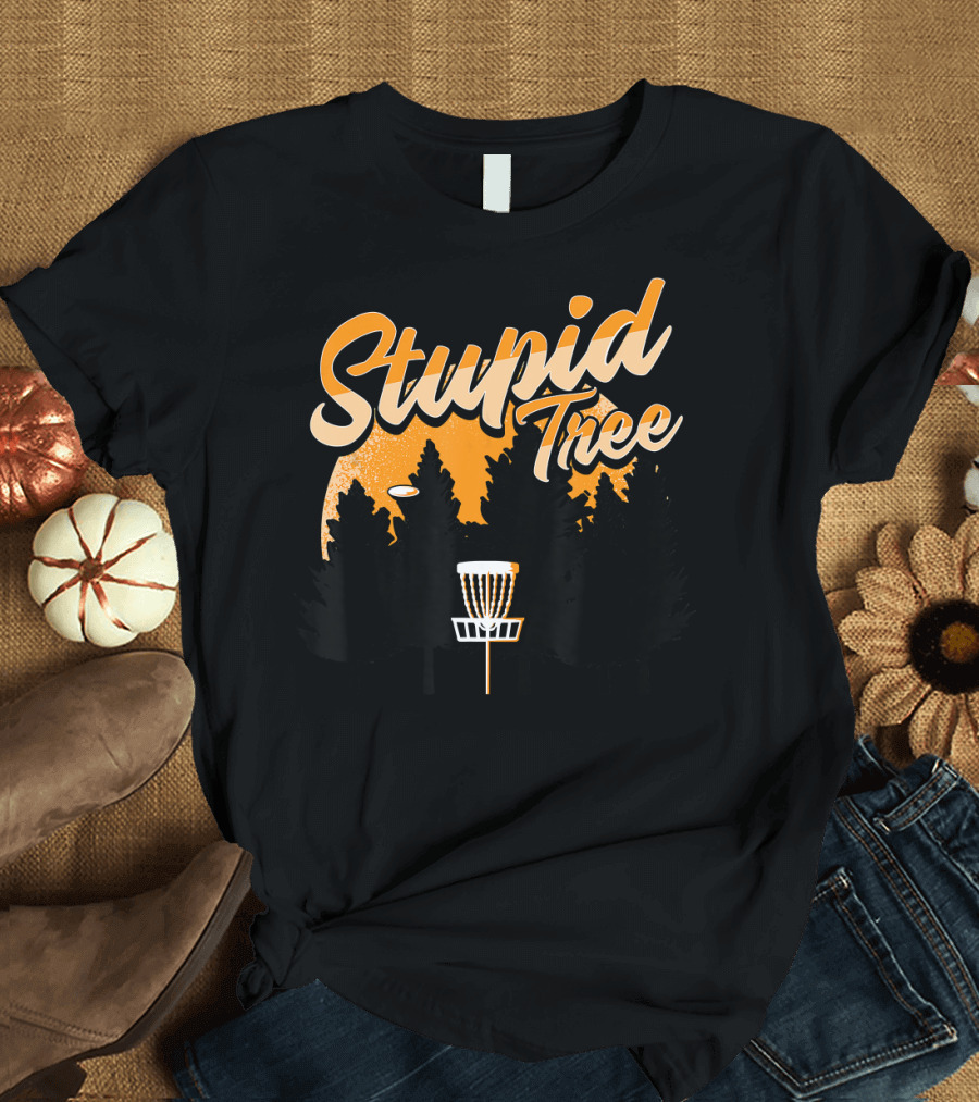 Stupid Tree Disc Golf Forest Silhouette and Basket with Orange Sun Background T-Shirt