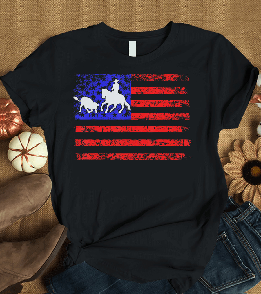 Ranch Sorting Horses Lovers USA Flag Western Rodeo Cowboy Patriot T-Shirt
