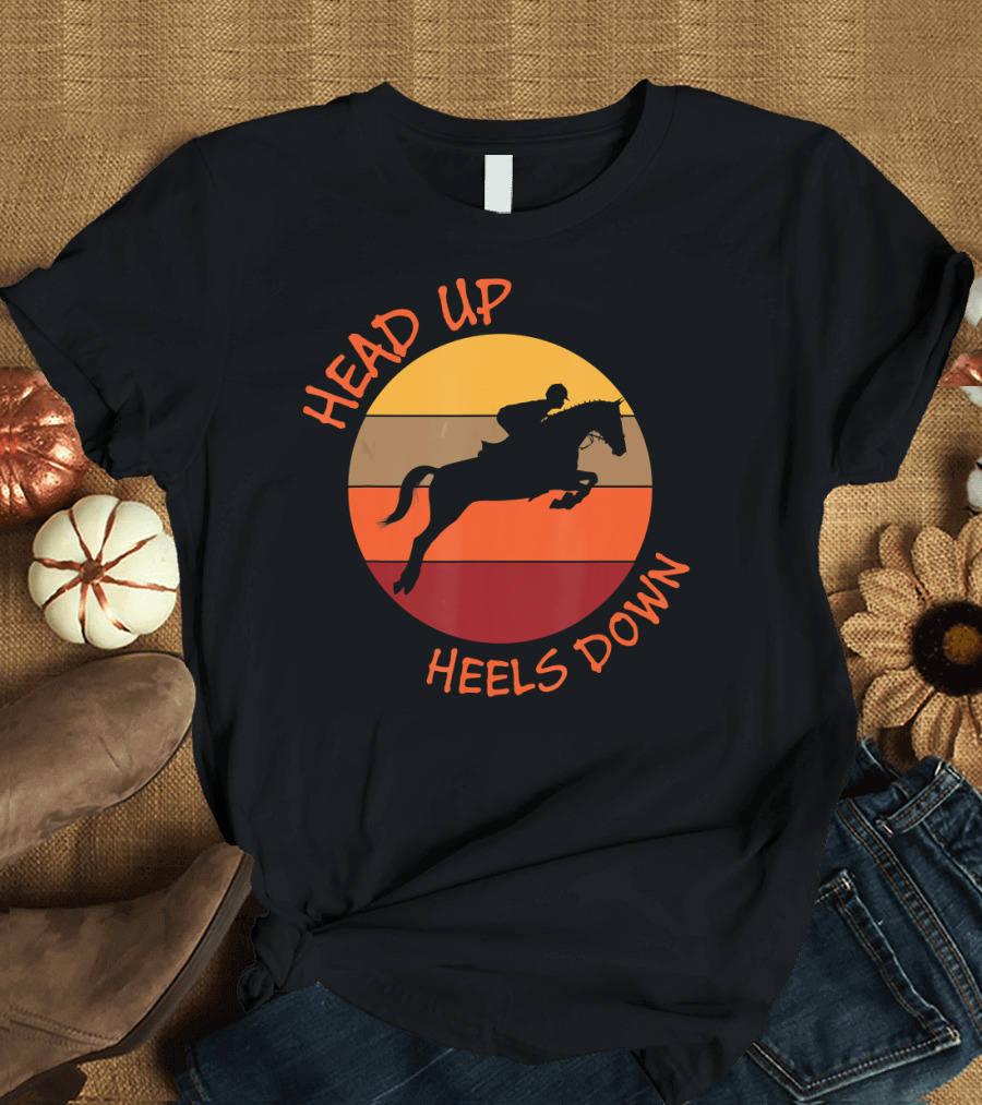 Head Up Heels Down Horse Lovers Equestrian Silhouette Vintage Sunset T-Shirt