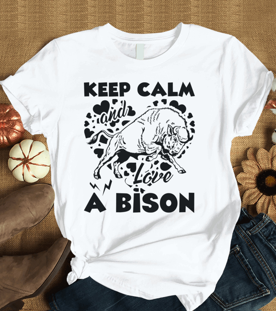 Keep Calm and Love a Bison with Heart Motifs and Charging Animal T-Shirt