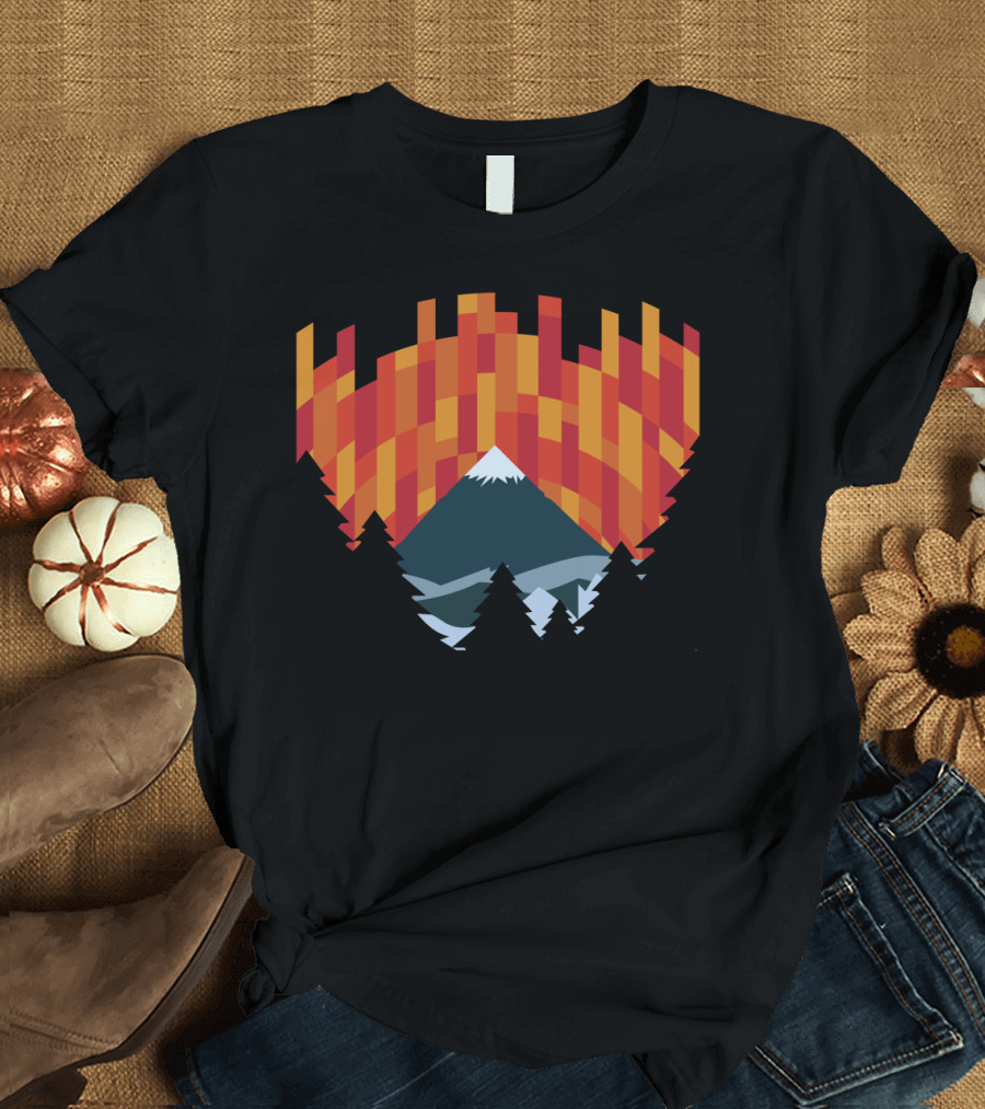 Mountain Silhouette Against Geometric Sunset Forest T-Shirt