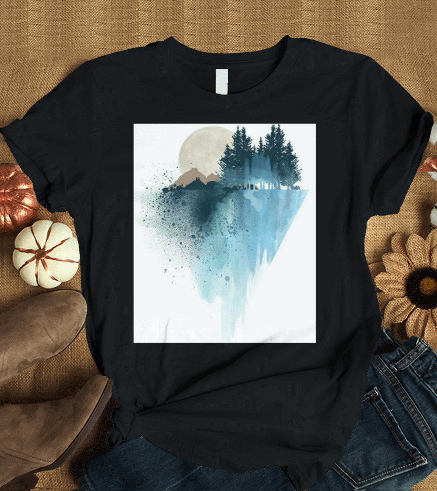 Mountain Shadows Watercolor Forest Landscape with Trees and Moon T-Shirt
