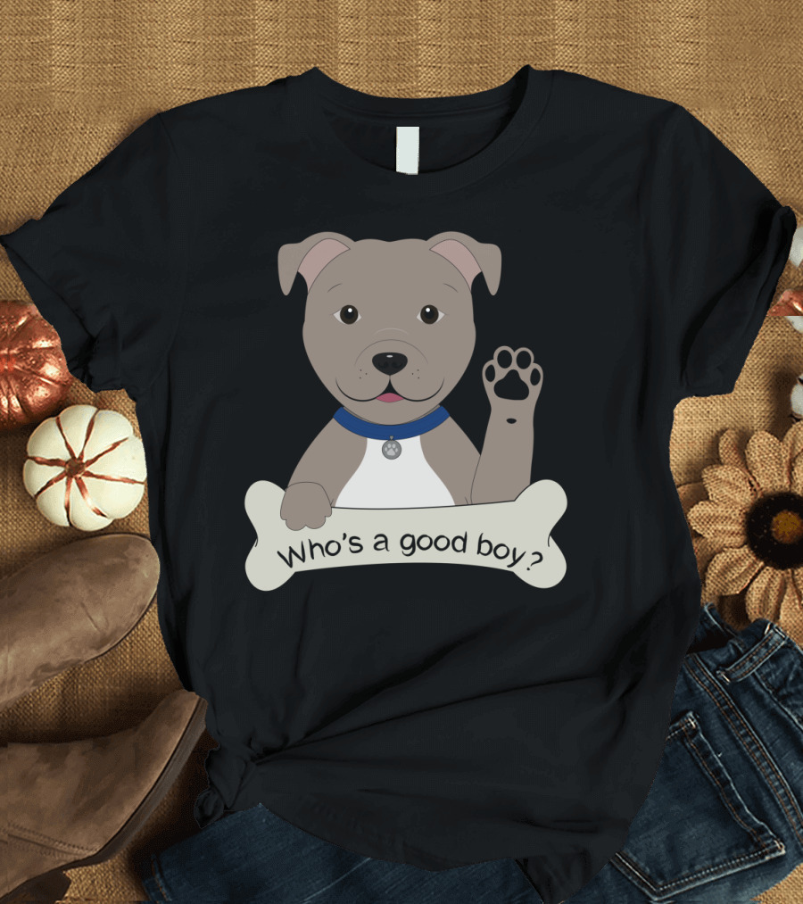 Whos a Good Boy Pitbull Puppy with Paw Print Bone T-Shirt