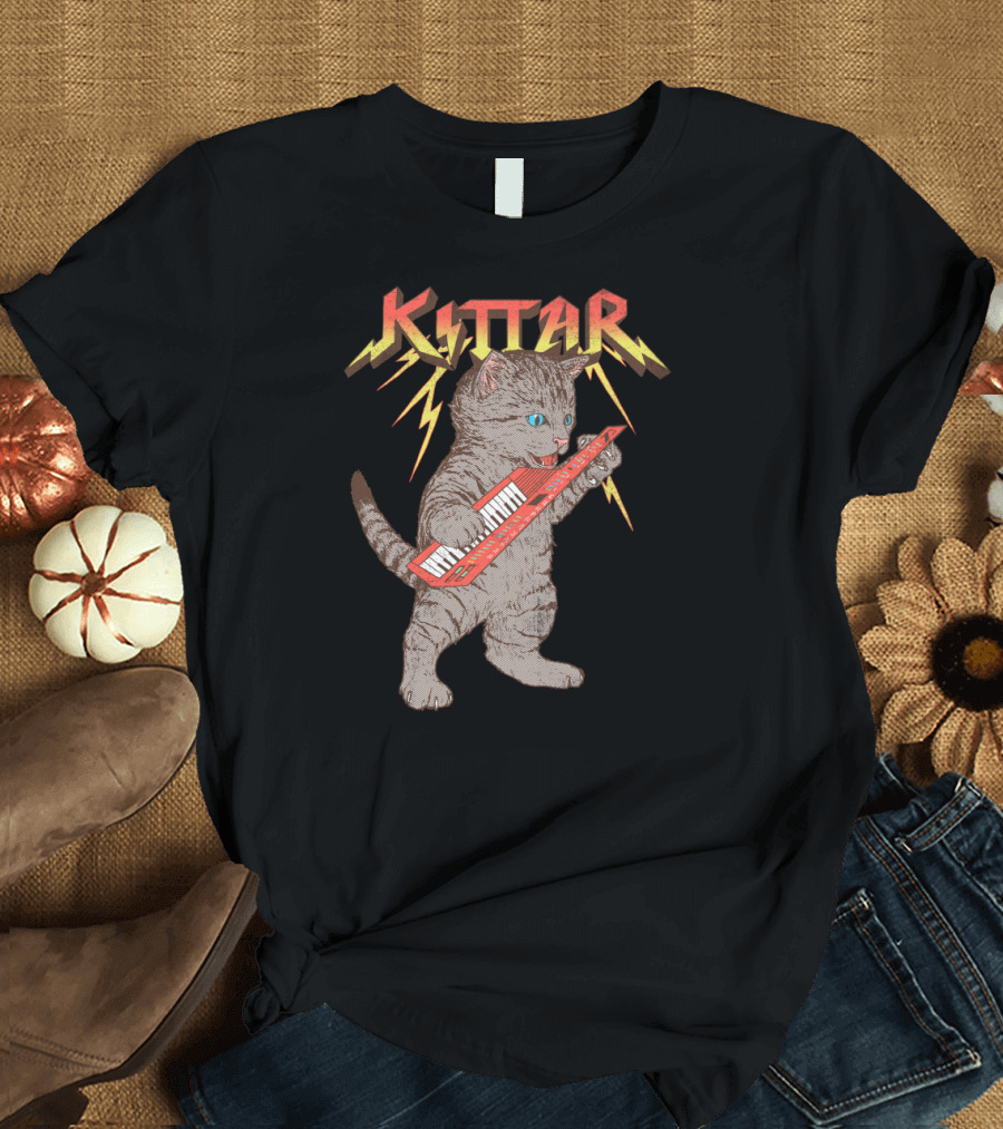 Kittar Cat with Lightning Play Keytar T-Shirt