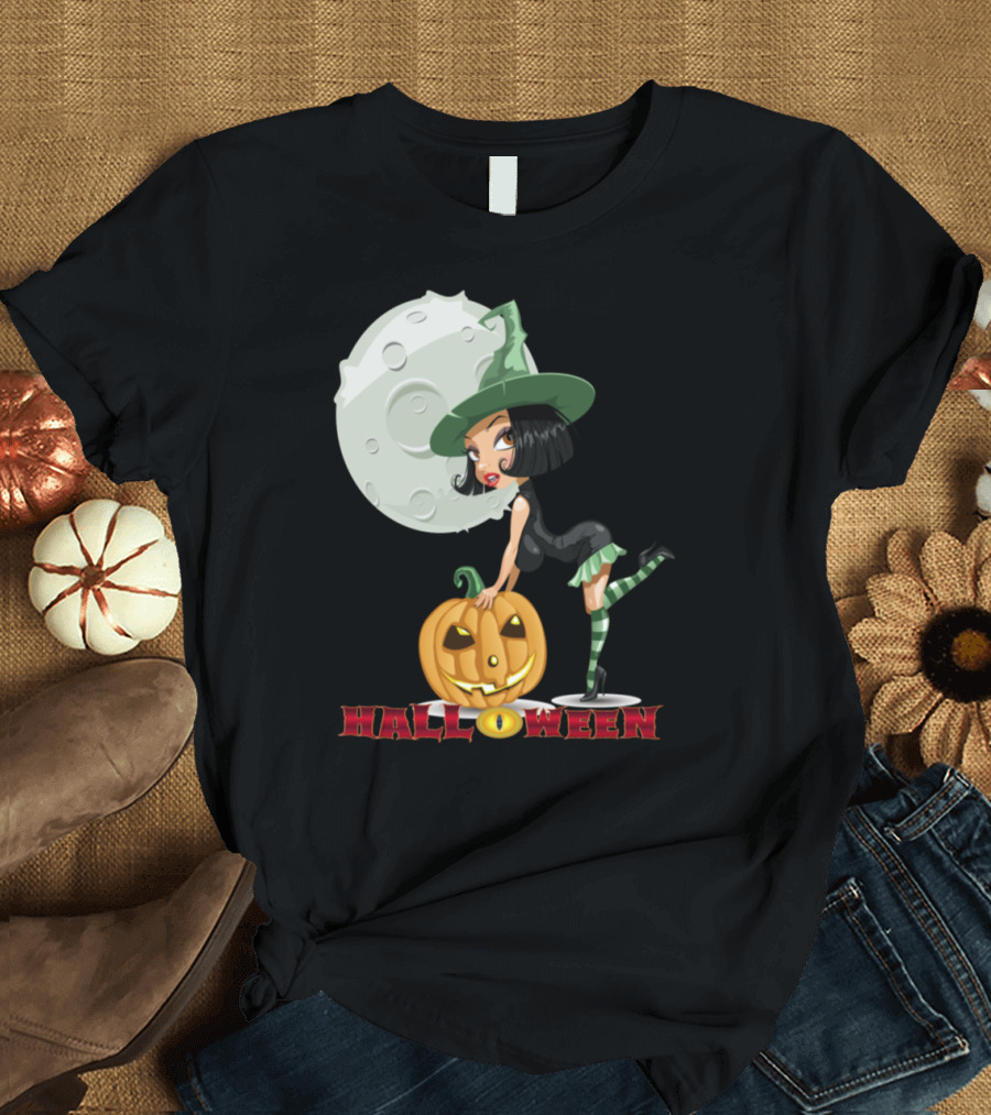 Halloween Witch with Pumpkin Moon T-Shirt