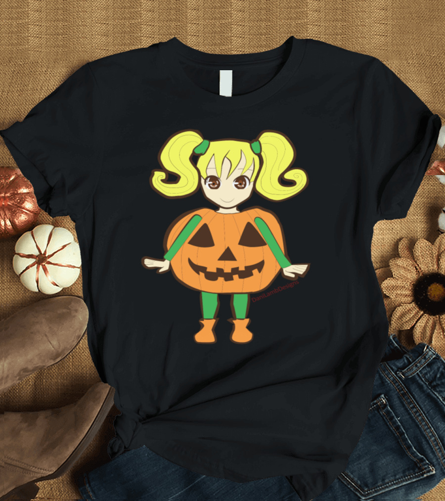 Pumpkin Girl Costume with Blonde Hair by DaniLambDesigns T-Shirt