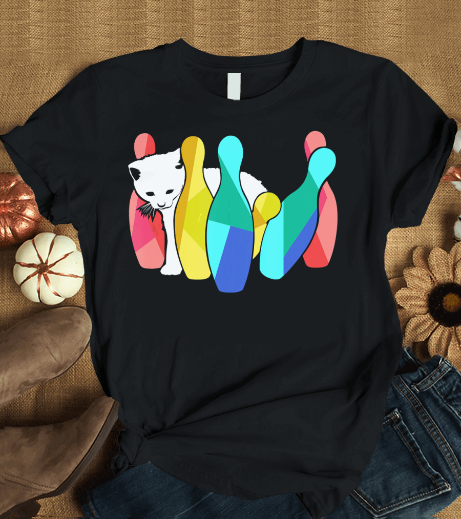 Playful Cute Cat Knocking Over Colorful Bowling Pins Kitty T-Shirt