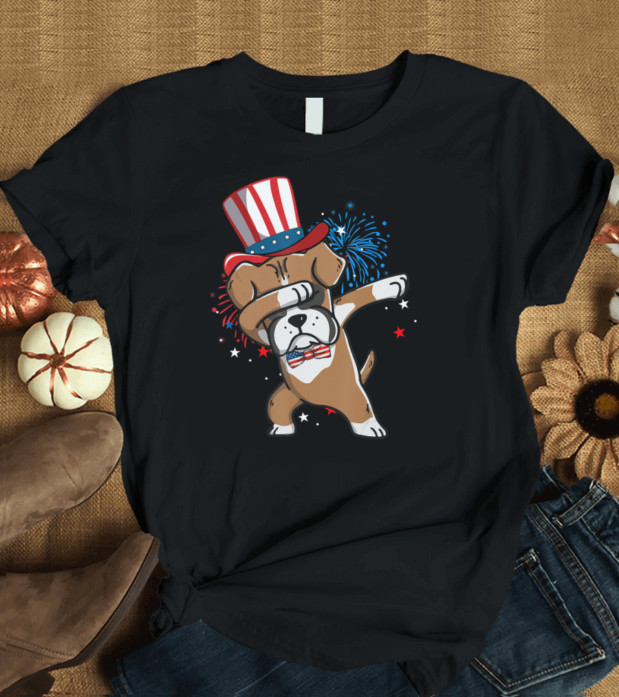 Dabbing Boxer Dog with Patriotic Hat and Bow Tie for 4th of July T-Shirt