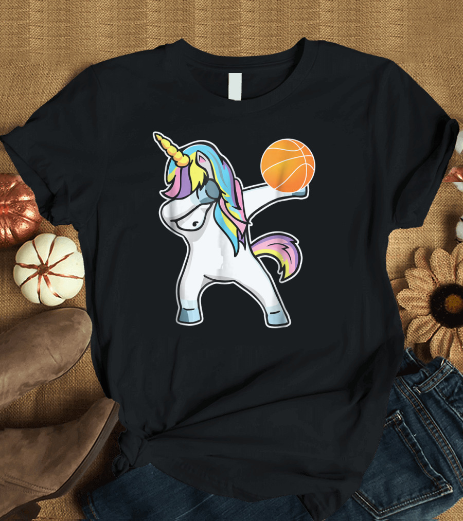 Dabbing Unicorn with Basketball Rainbow Mane T-Shirt