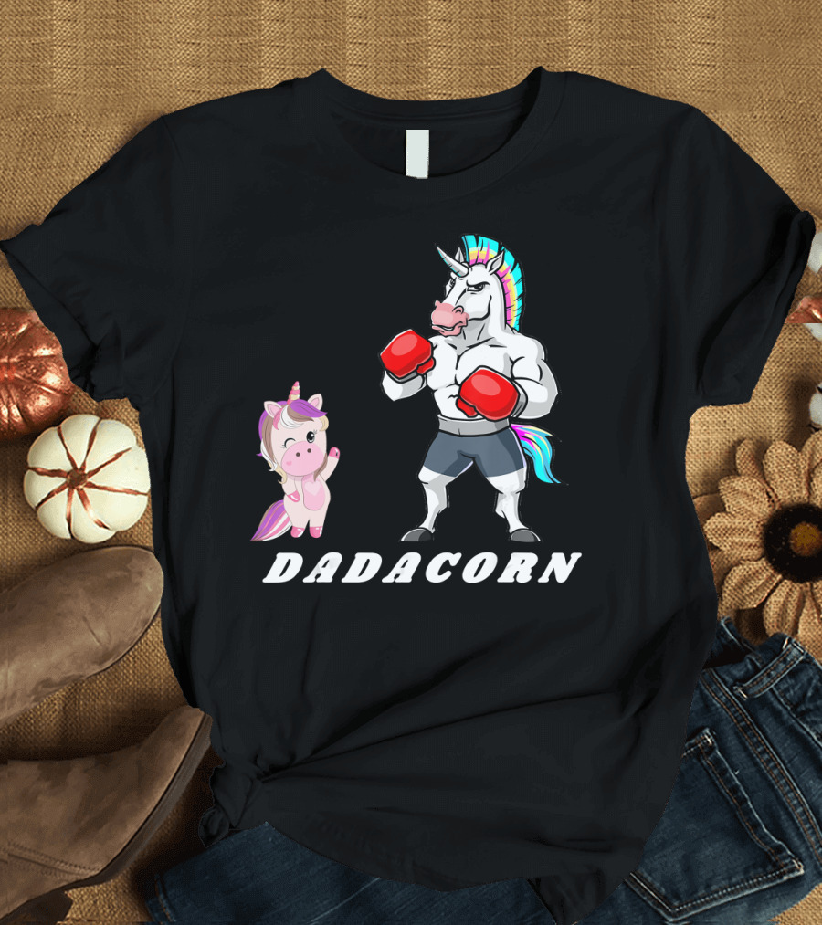 Dadacorn Boxing Unicorn Dad Baby with Muscle and Rainbow Mane T-Shirt