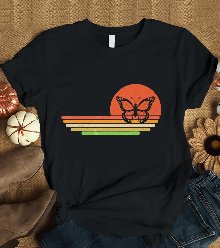 Distressed Butterfly Retro Sunset Stripes T-Shirt