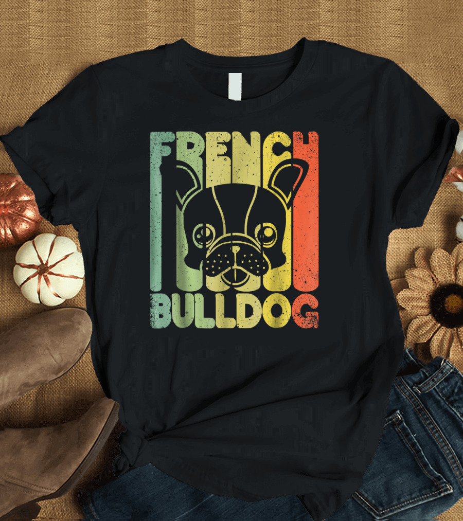 Distressed French Bulldog Vintage Rainbow Stripes T-Shirt