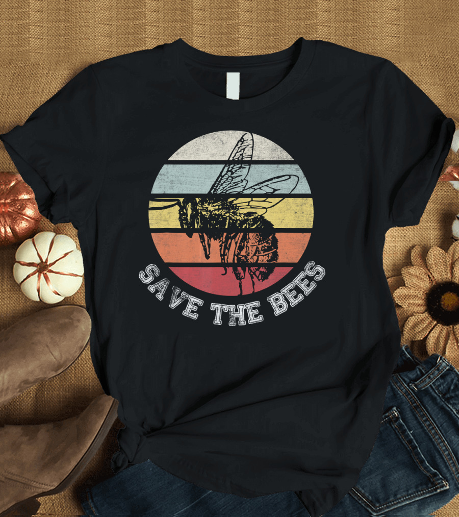 Save the Bees Distressed Vintage Rainbow Stripe T-Shirt