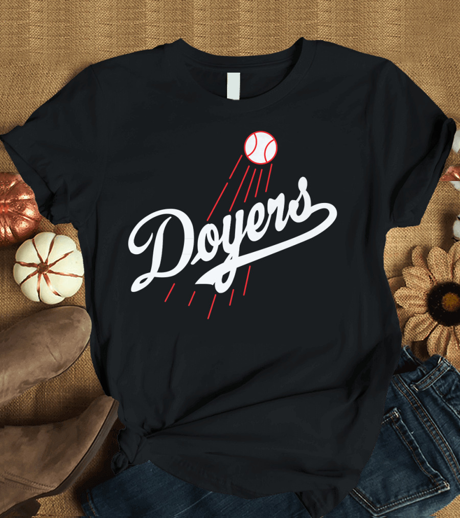 Doyers Baseball Red and White Script with Flying Ball T-Shirt