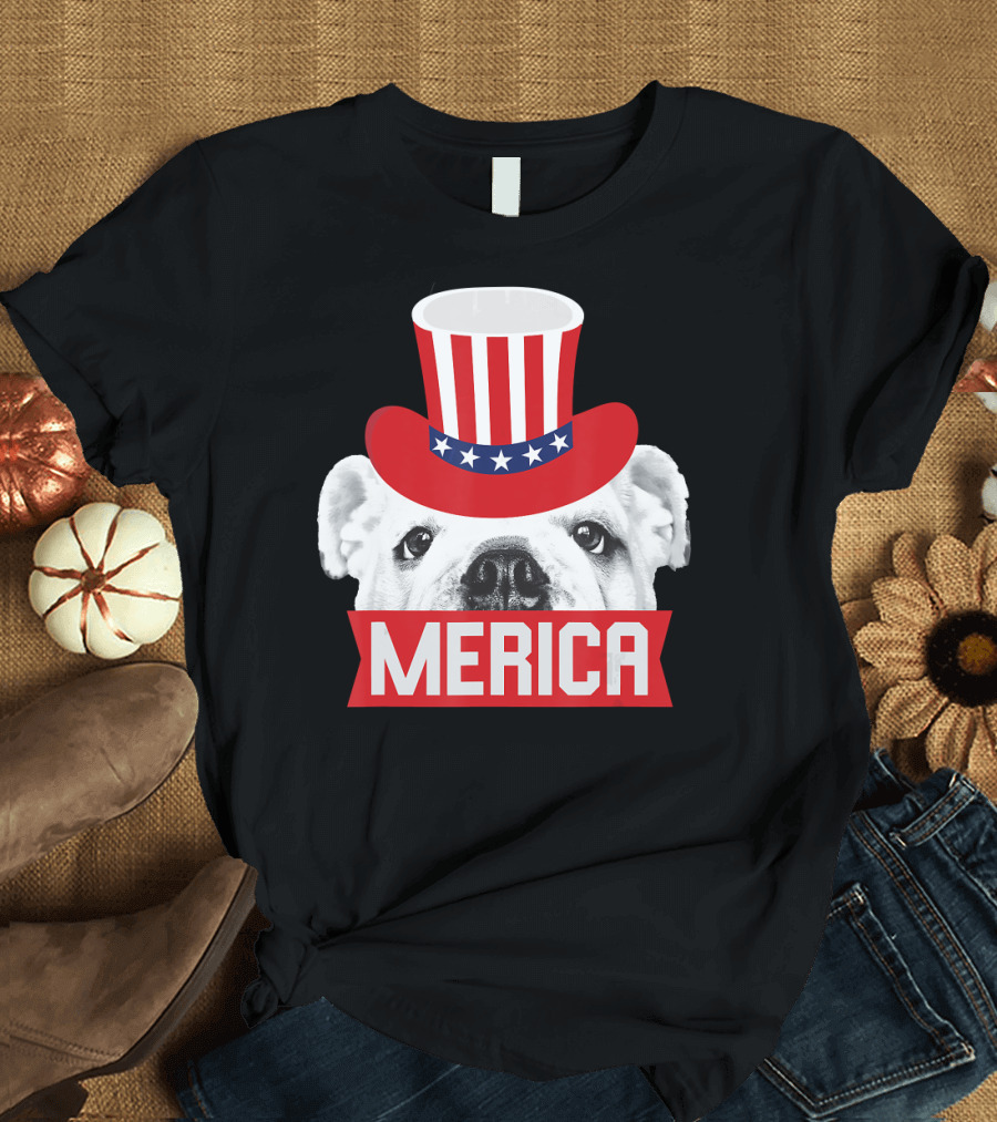 Merica English Bulldog Patriotic Top Hat Fourth of July T-Shirt