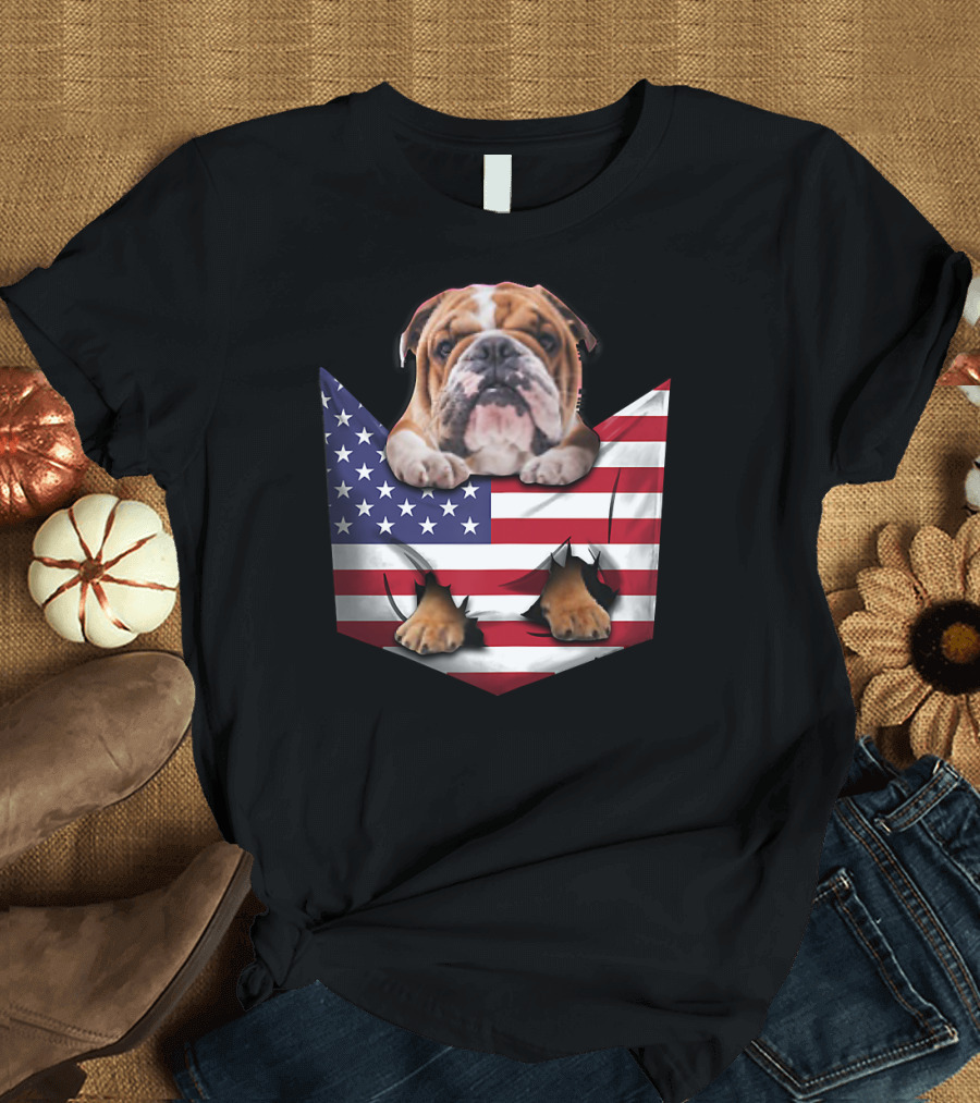English Bulldog in American Flag Pocket T-Shirt