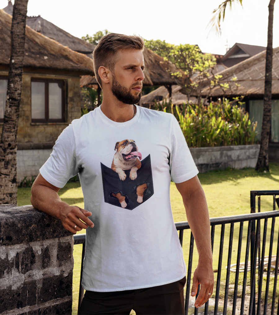 English Bulldog Pocket Mid Bulldog Peeking Out T-Shirt
