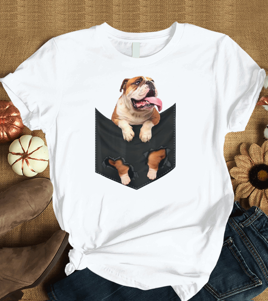 English Bulldog Pocket Mid Bulldog Peeking Out T-Shirt