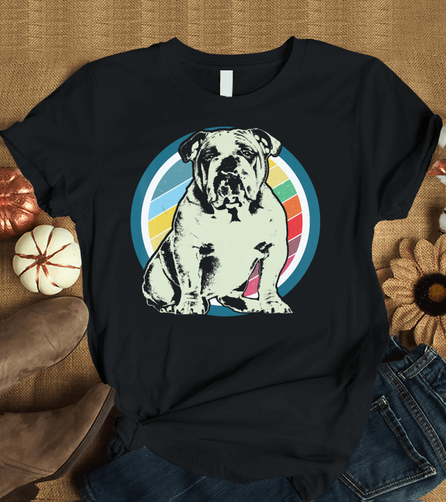 English Bulldog Retro Style Rainbow Circle T-Shirt