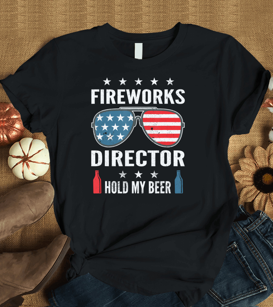 Fireworks Director Hold My Beer American Flag Sunglasses with Stars and Beer Bottles T-Shirt
